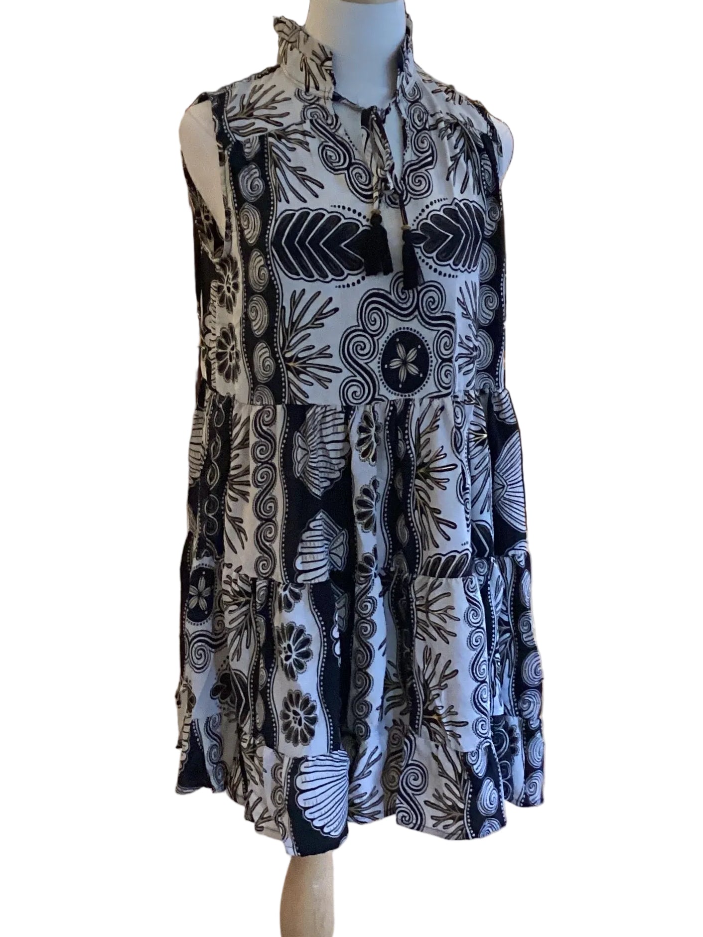 Paani Lov black taupe gold seashell print ruffle neck sleeveless tiered skirt dress