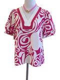Gigio fuscha v neck short balloon sleeve blouse