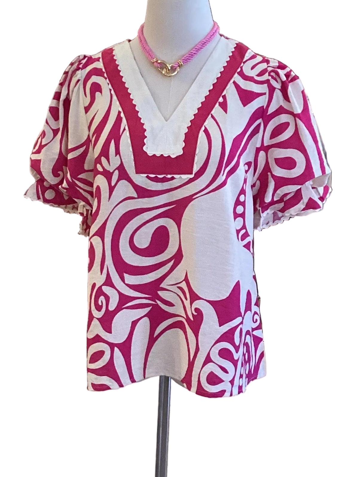 Gigio fuscha v neck short balloon sleeve blouse