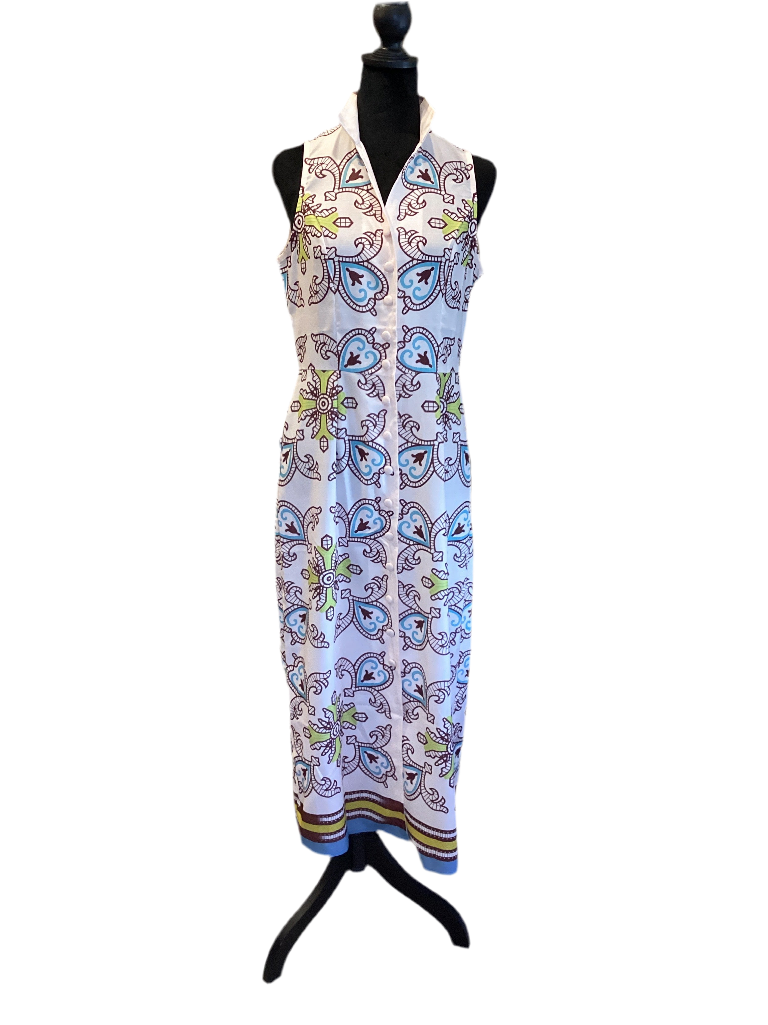 Sundayup beige multi color print sleeveless button down dress