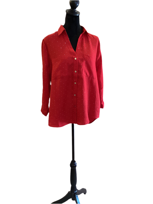 Spin USA button down red sparkle top with tab sleeves