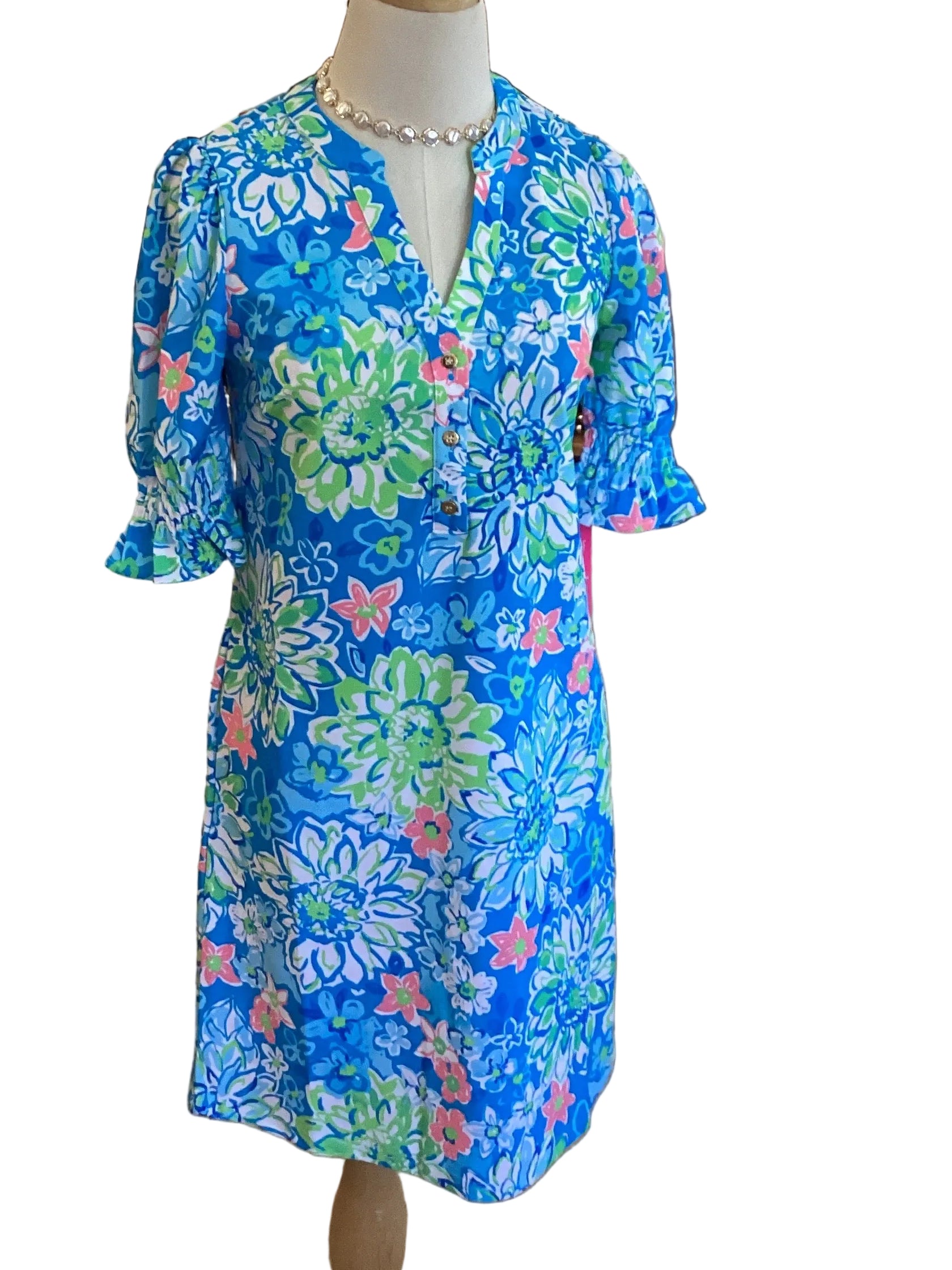 Aryeh Turquoise V-Neck Ruffle Sleeve Dress