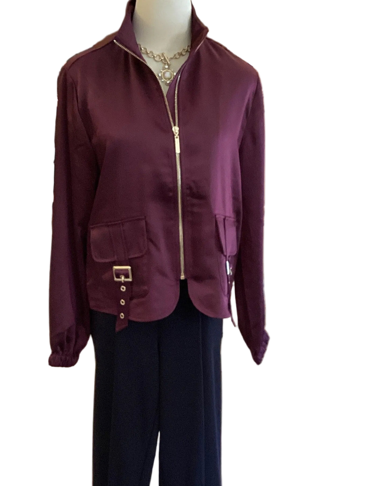 Joseph Ribkoff burgundy satin mock neck zip jacket with puff elastic sleeves