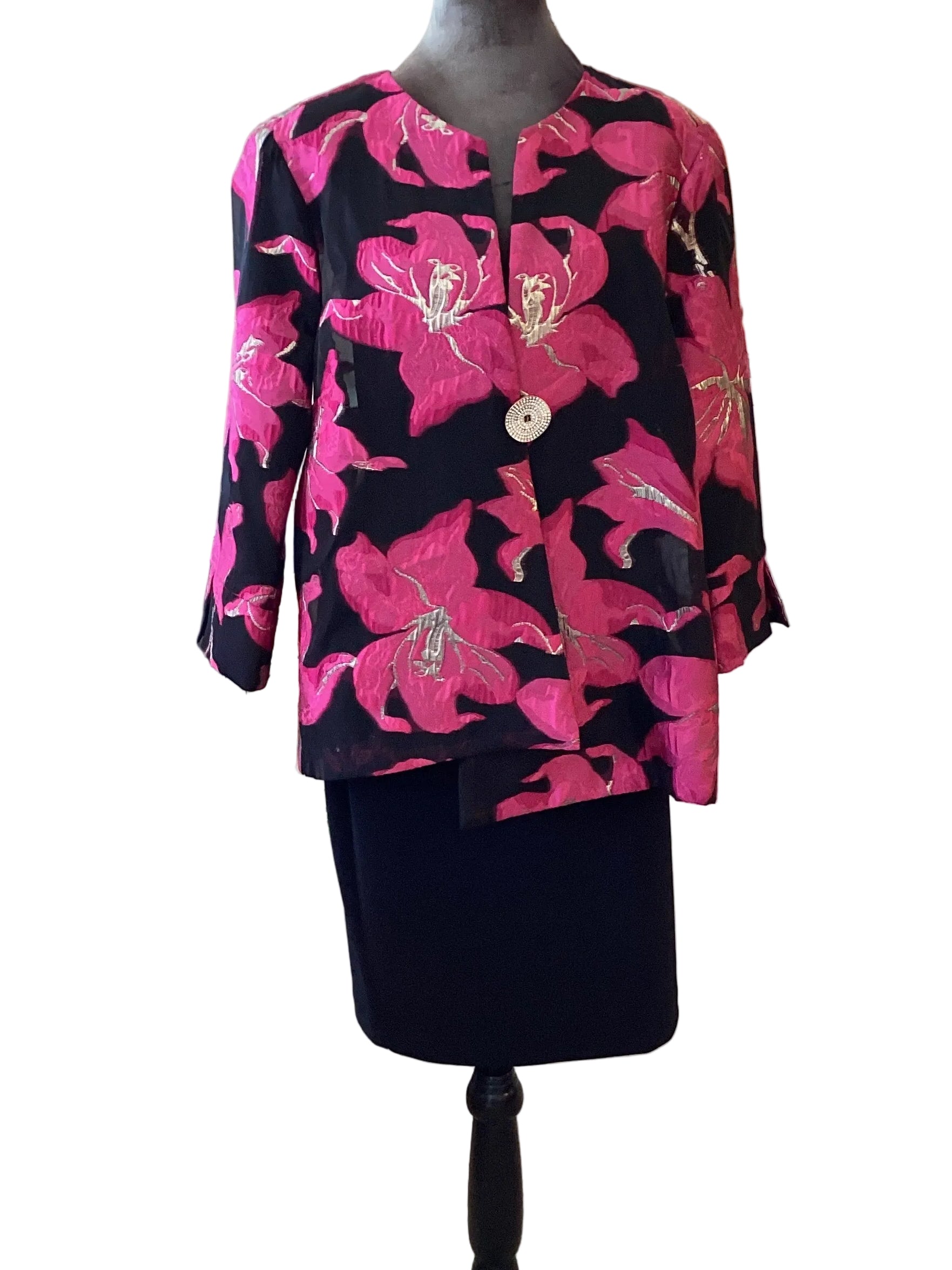 Frank Lyman red black gold floral jacket with rhinestone accent button