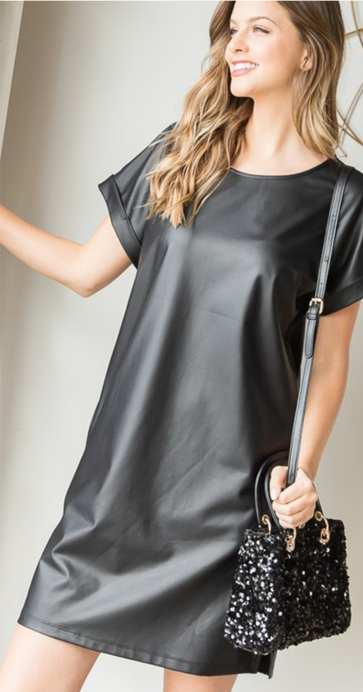 Faux leather, short sleeve pocket mini dress