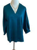 Gigio teal satin v neck loose fit tunic with puff sleeve