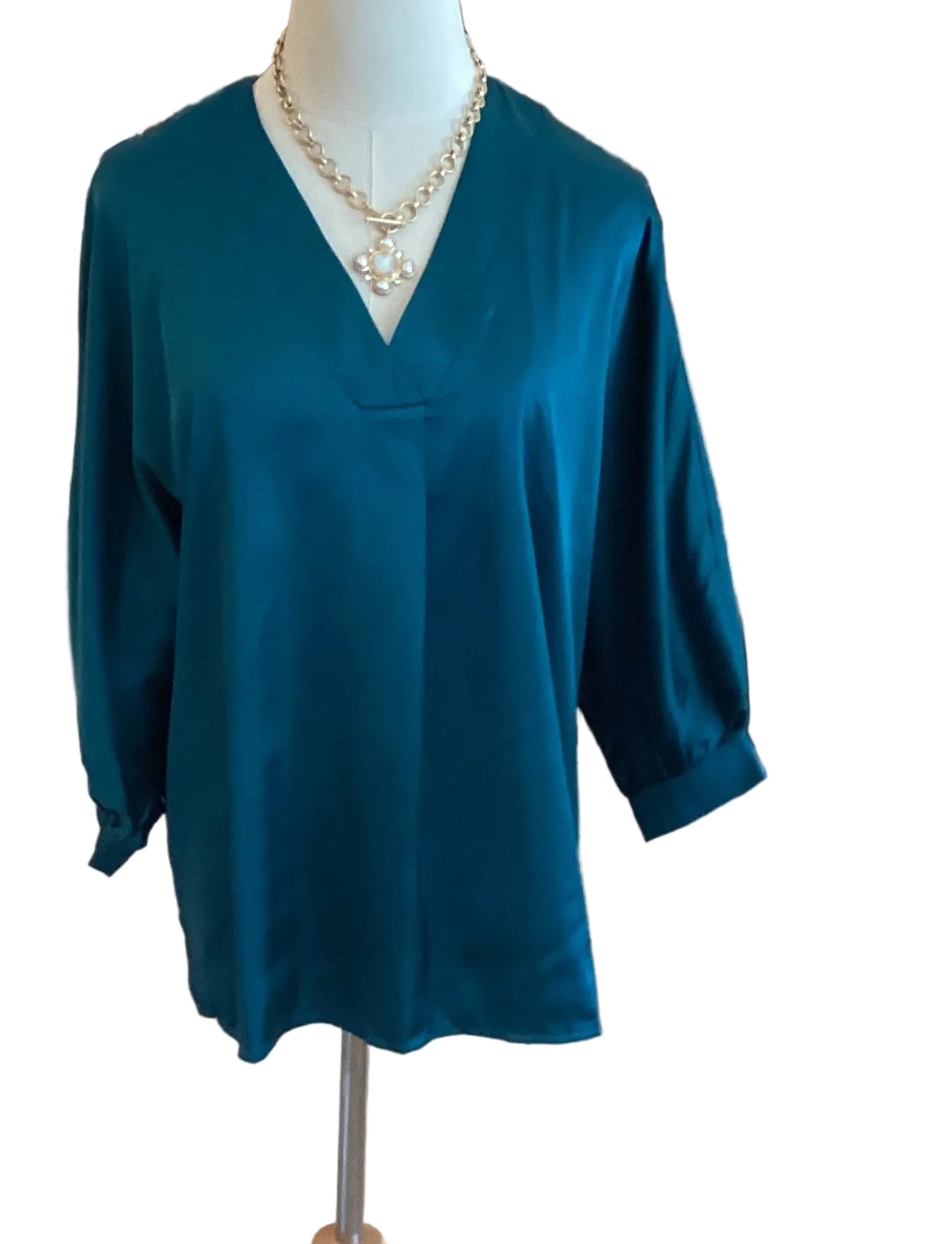 Gigio teal satin v neck loose fit tunic with puff sleeve
