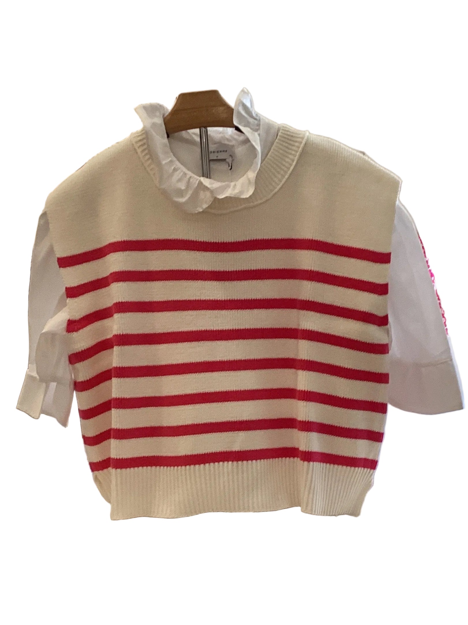 Zenana ivory sweater vest with pink stripe