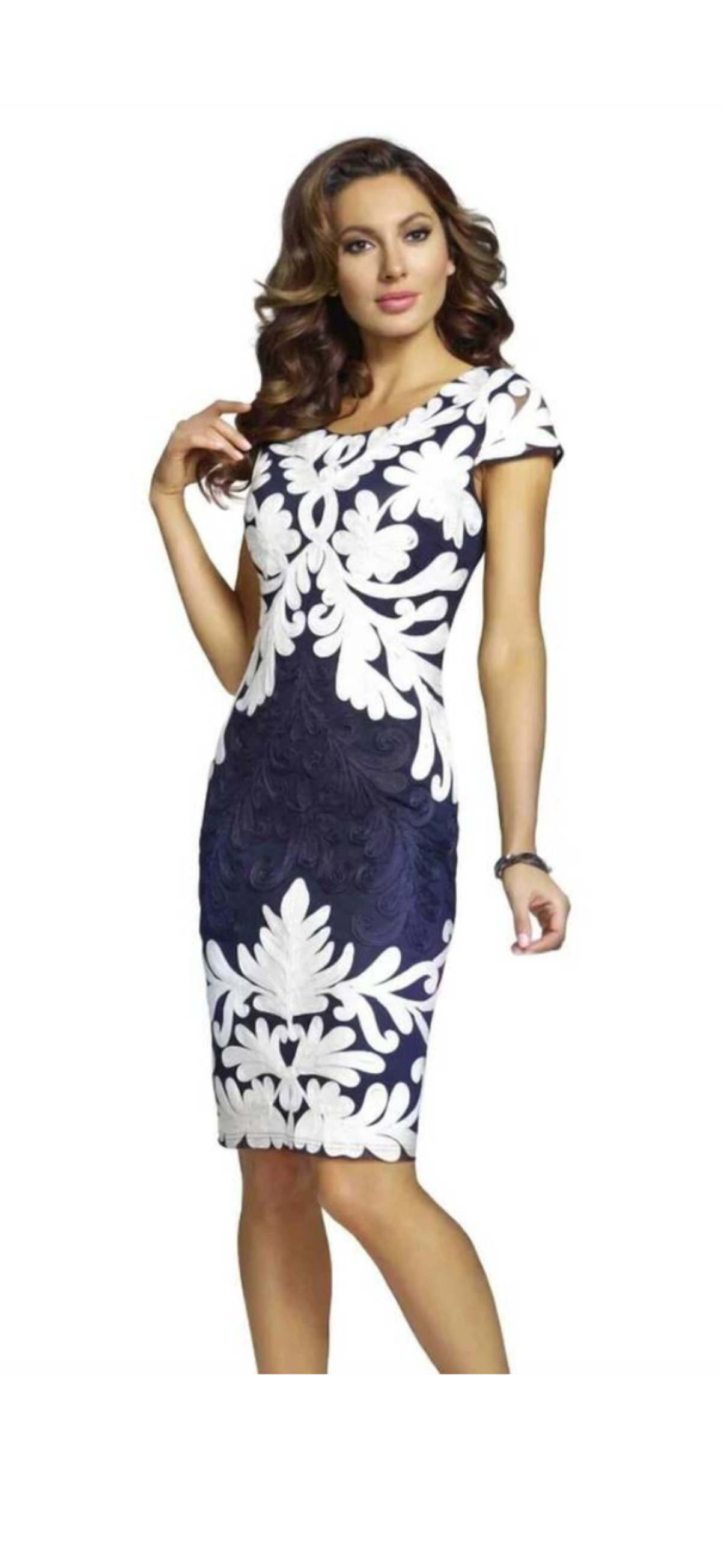 Frank Lyman navy and off white sheath dress with short sleeves, front and back applique