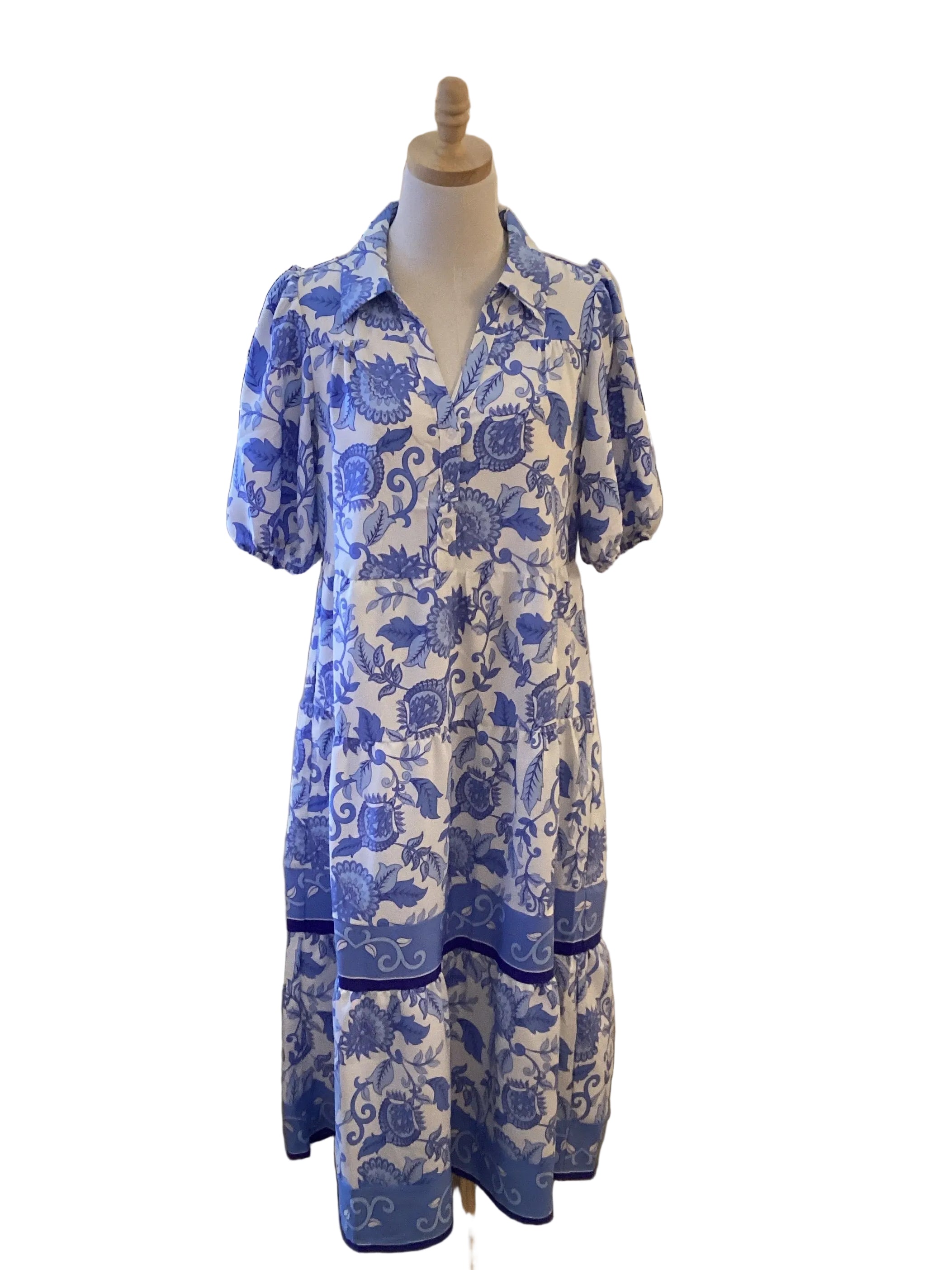 Mary Square blue white flowered v neck puff sleeve bottom ruffle maxi