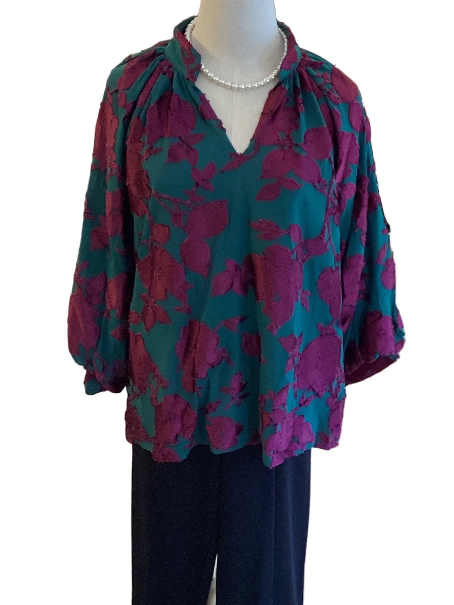 Umgee teal and burgundy velvet v neck collared lined top