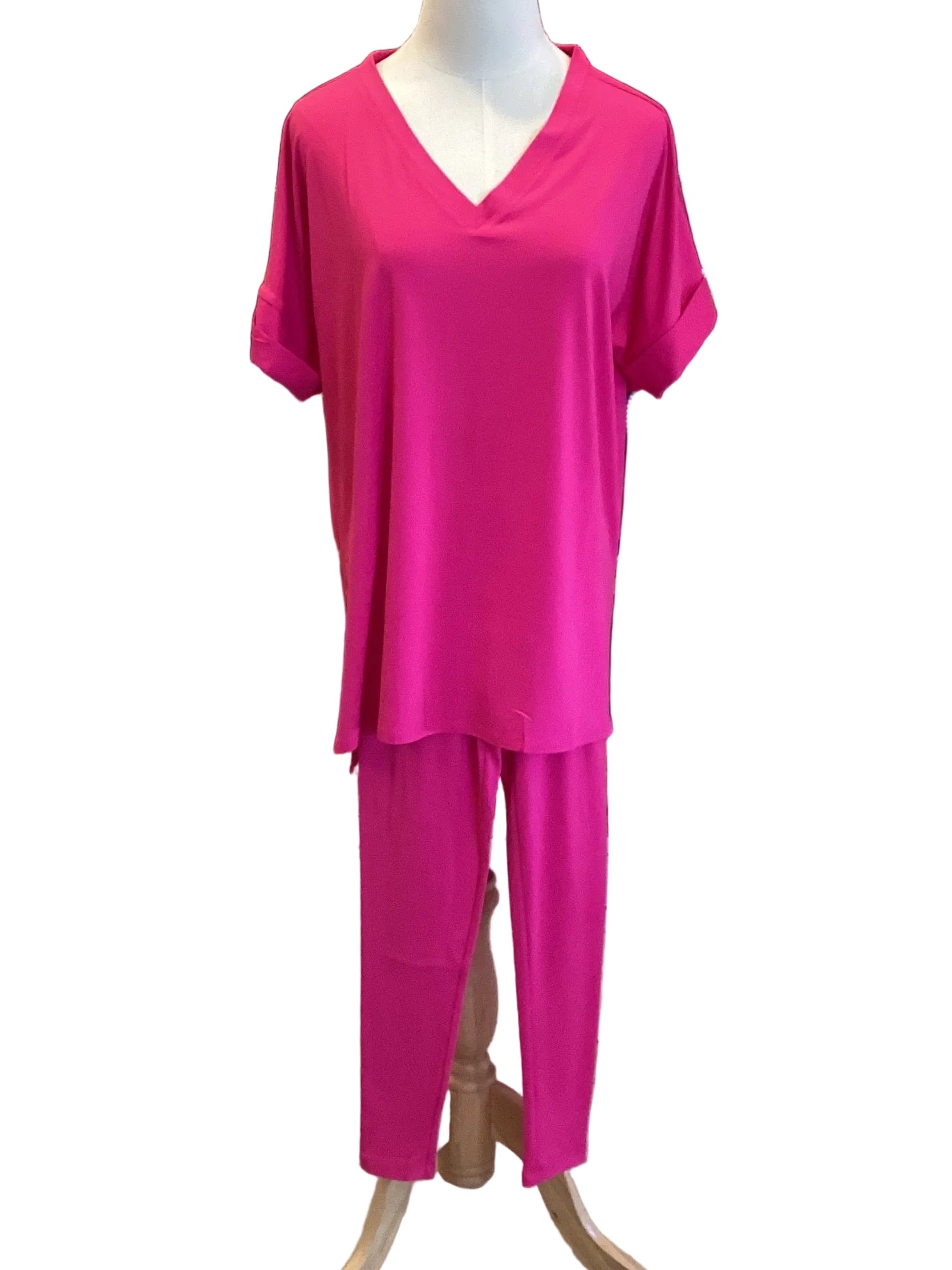 Zenana hot pink short sleeve v neck & legging set