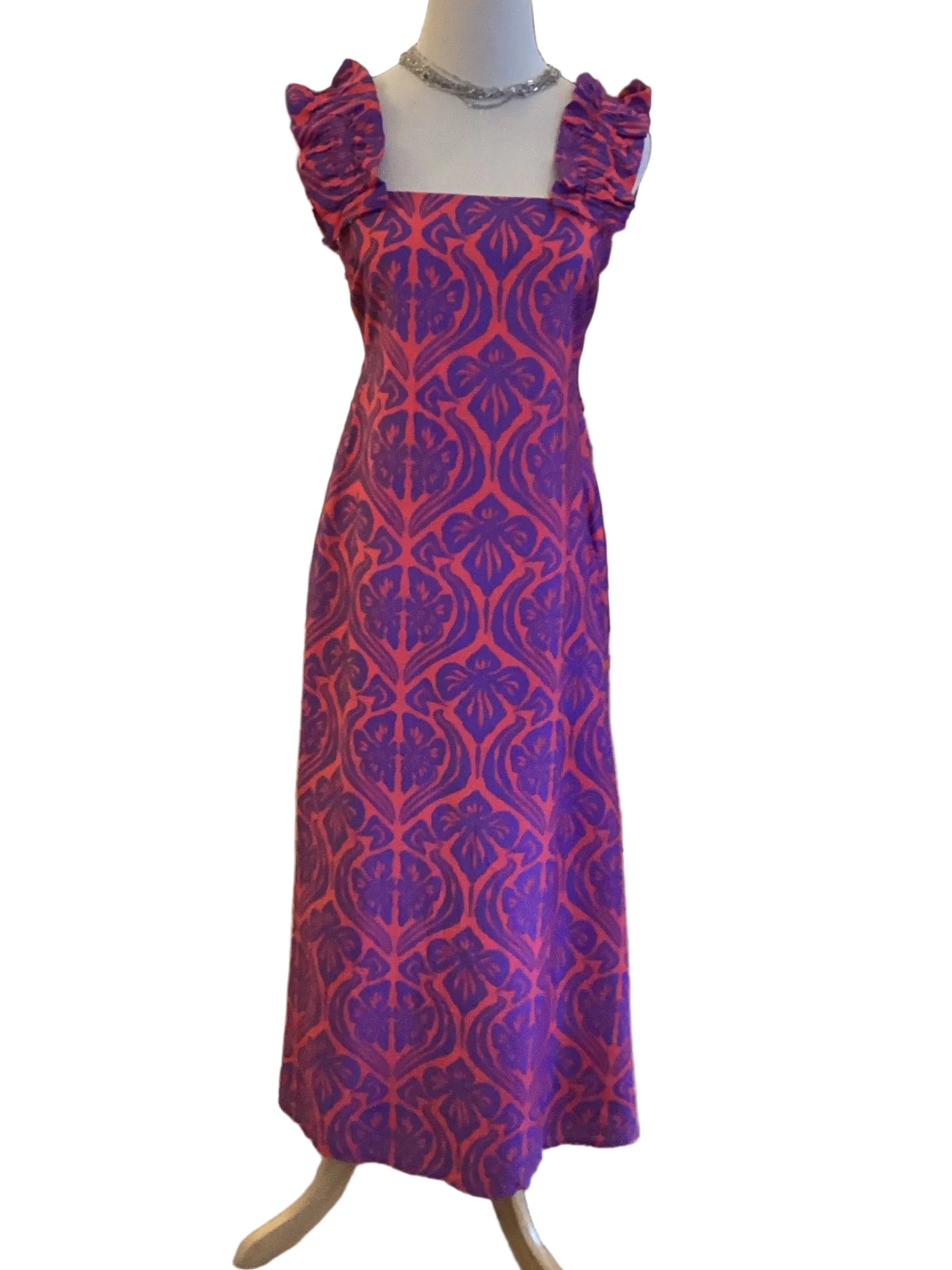 TCEC Red & Purple Tropical Print Maxi Dress with Ruffle Sleeves