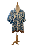 Jodifl blue floral top with brown trim