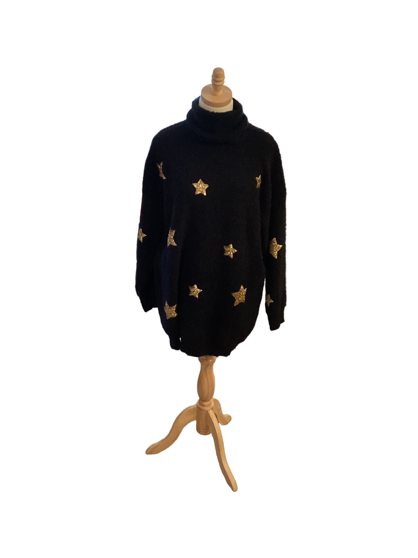 Peach love black turtleneck sweater w gold stars