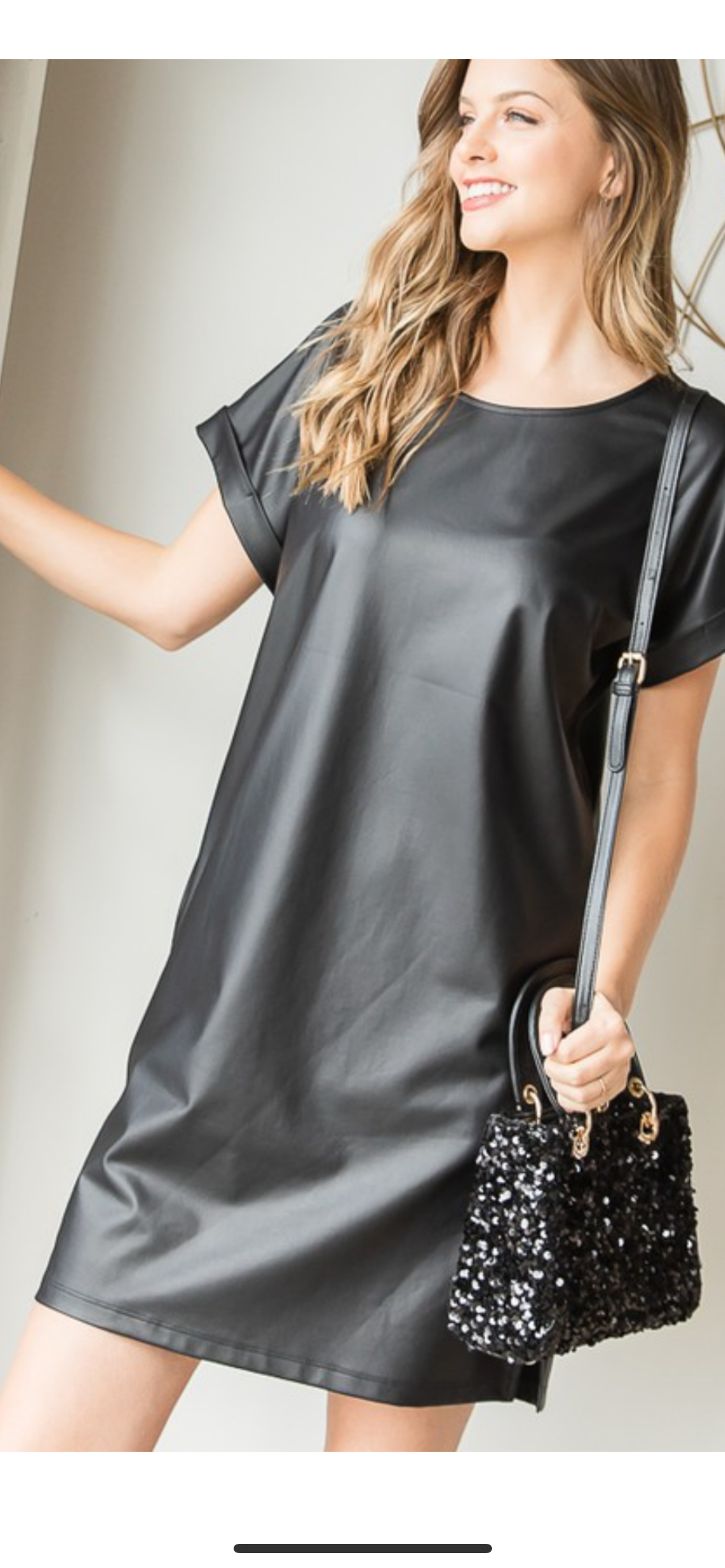 Faux leather, short sleeve pocket mini dress