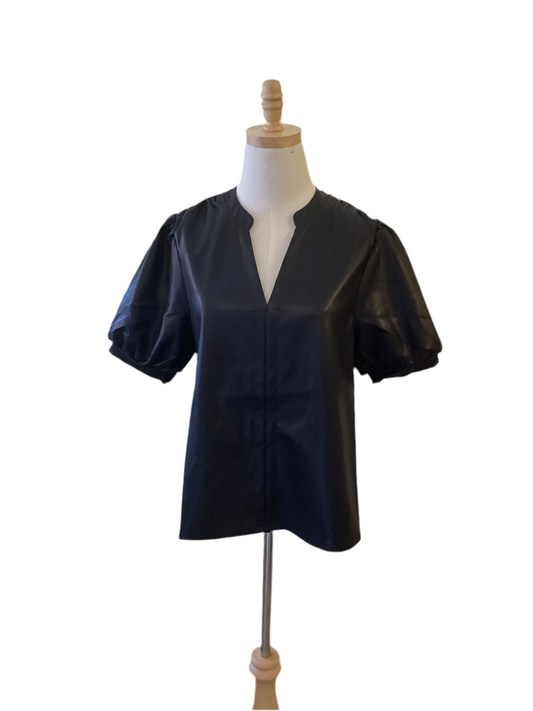 THML  black leather top with puff sleeve