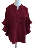 Gigio burgundy satin ruffled bell sleeve top with ruffled placket and neck