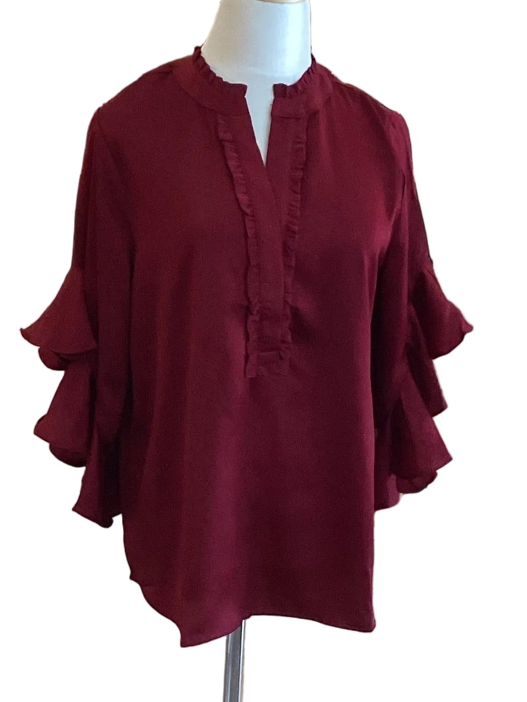 Gigio burgundy satin ruffled bell sleeve top with ruffled placket and neck