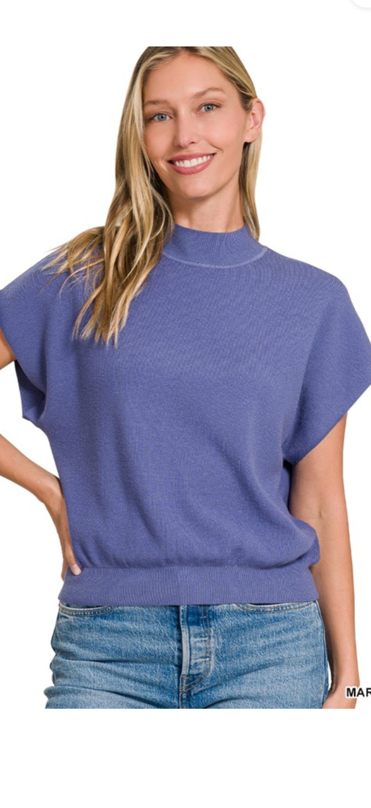 Zenana Marlin Blue Short Sleeve Mock Neck Knit Top