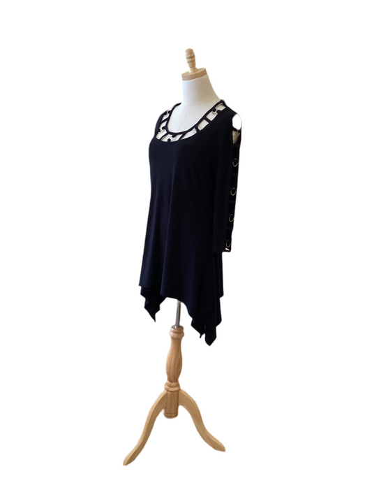 Joseph Ribkoff black tunic top with silver rings at neck and sleeves