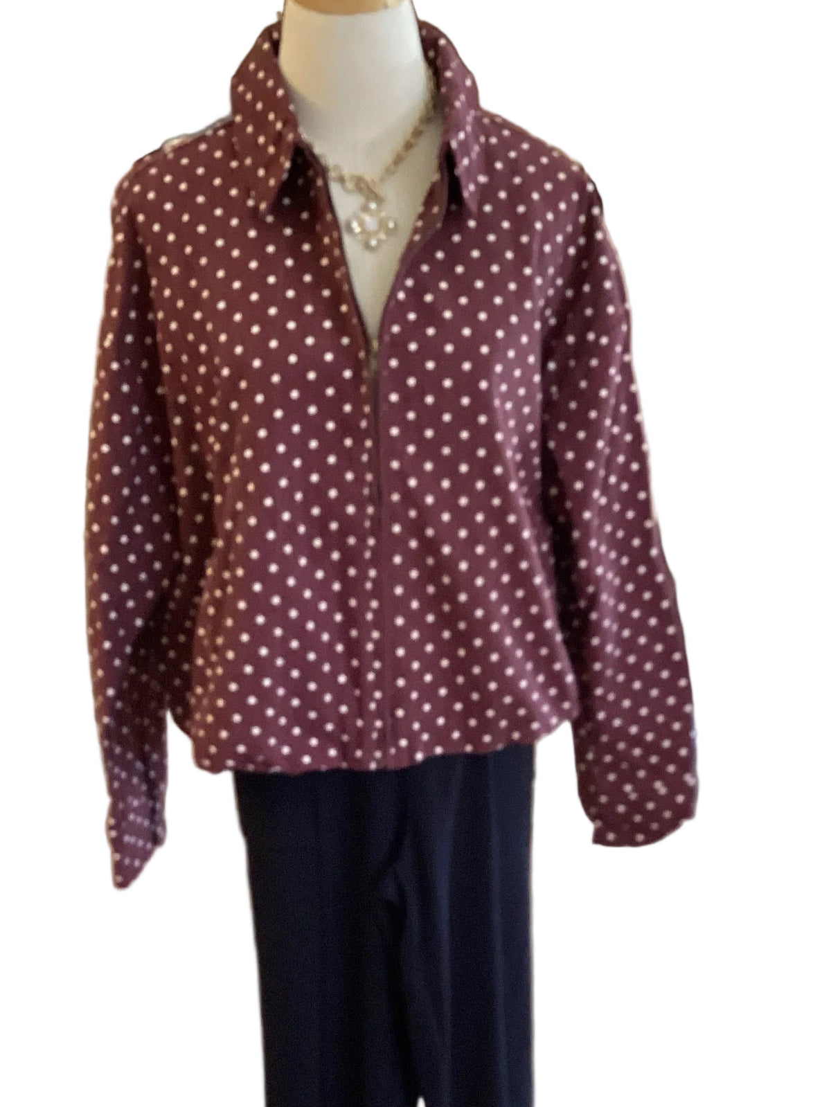 Entro burgundy with ivory polka dots denim like jacket with elastic hem & cuffs, side pockets
