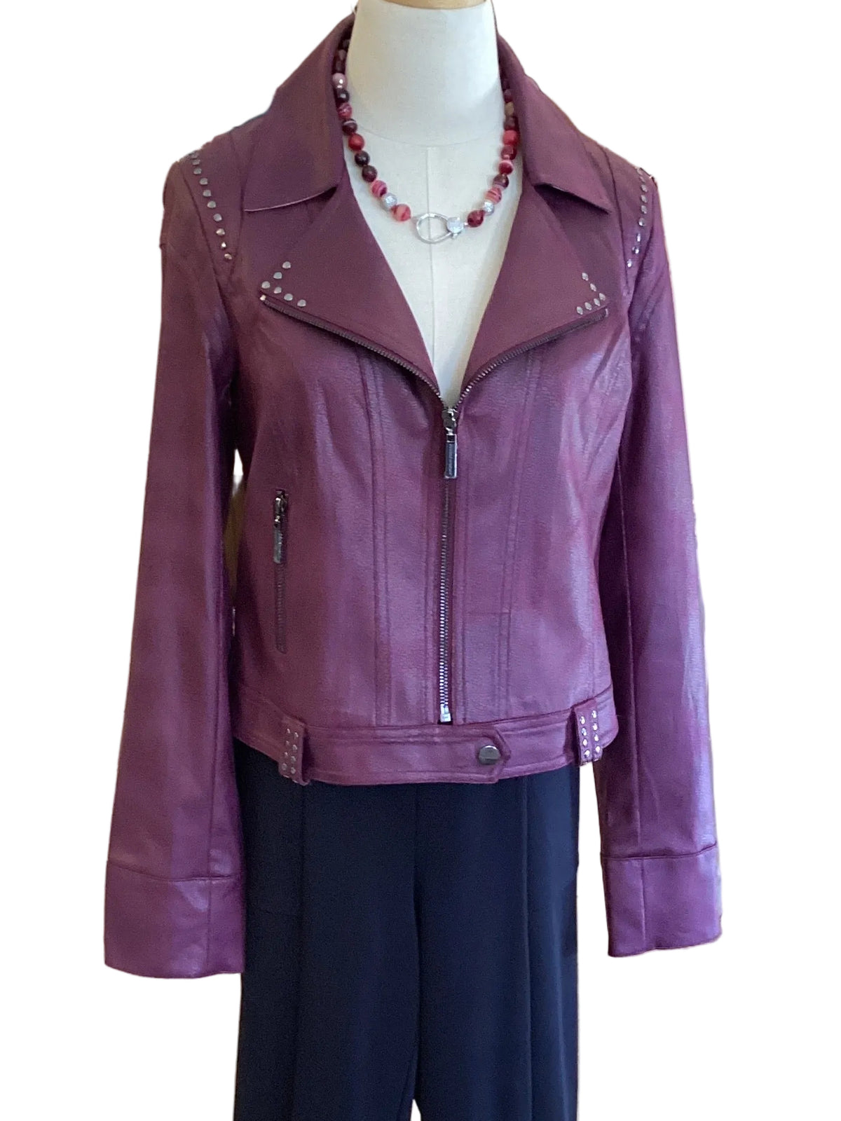 Joseph Ribkoff burgundy faux leather jacket with grommet detail