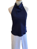 Glam navy halter, cow neck satin low back top