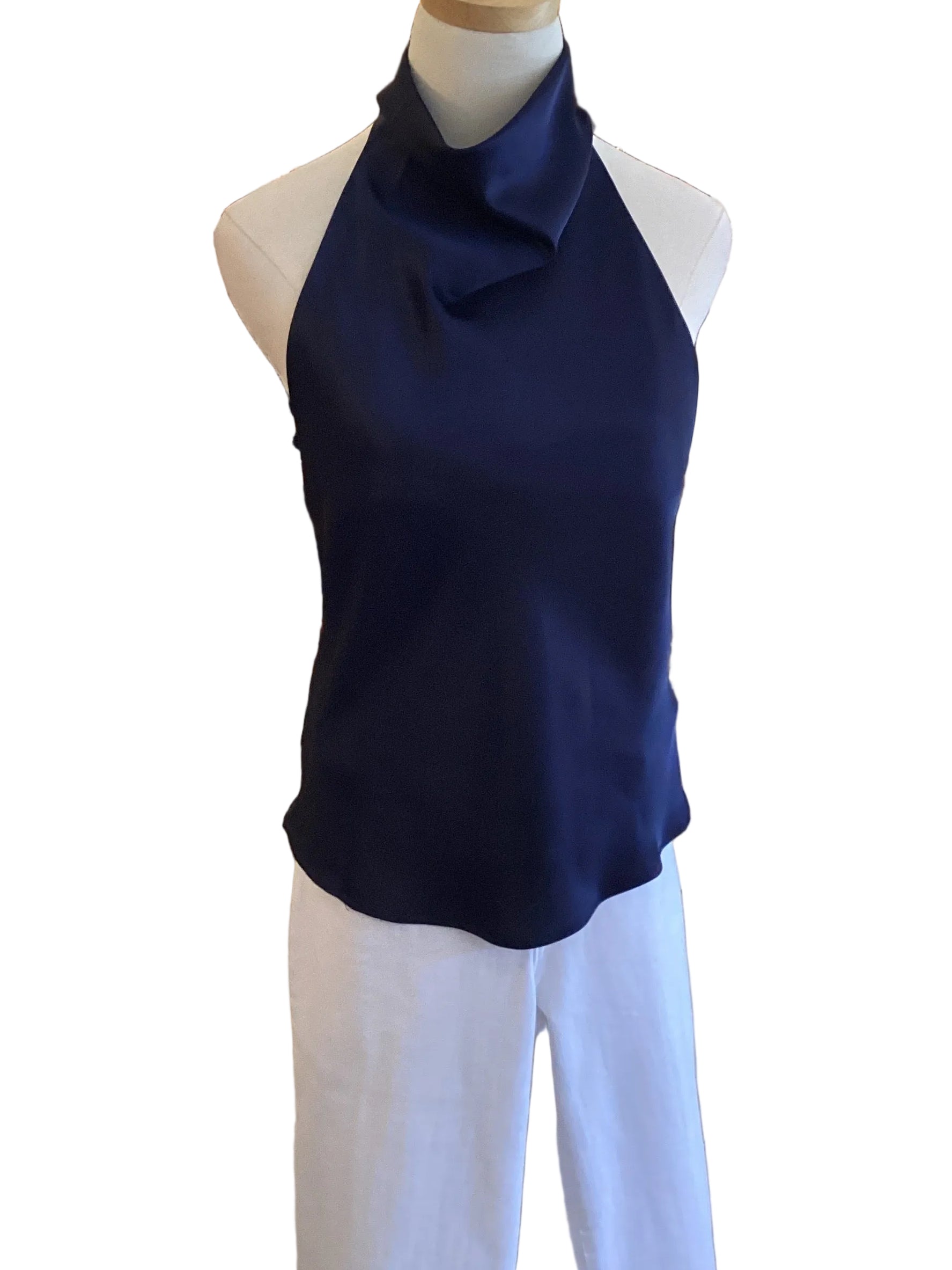 Glam navy halter, cow neck satin low back top