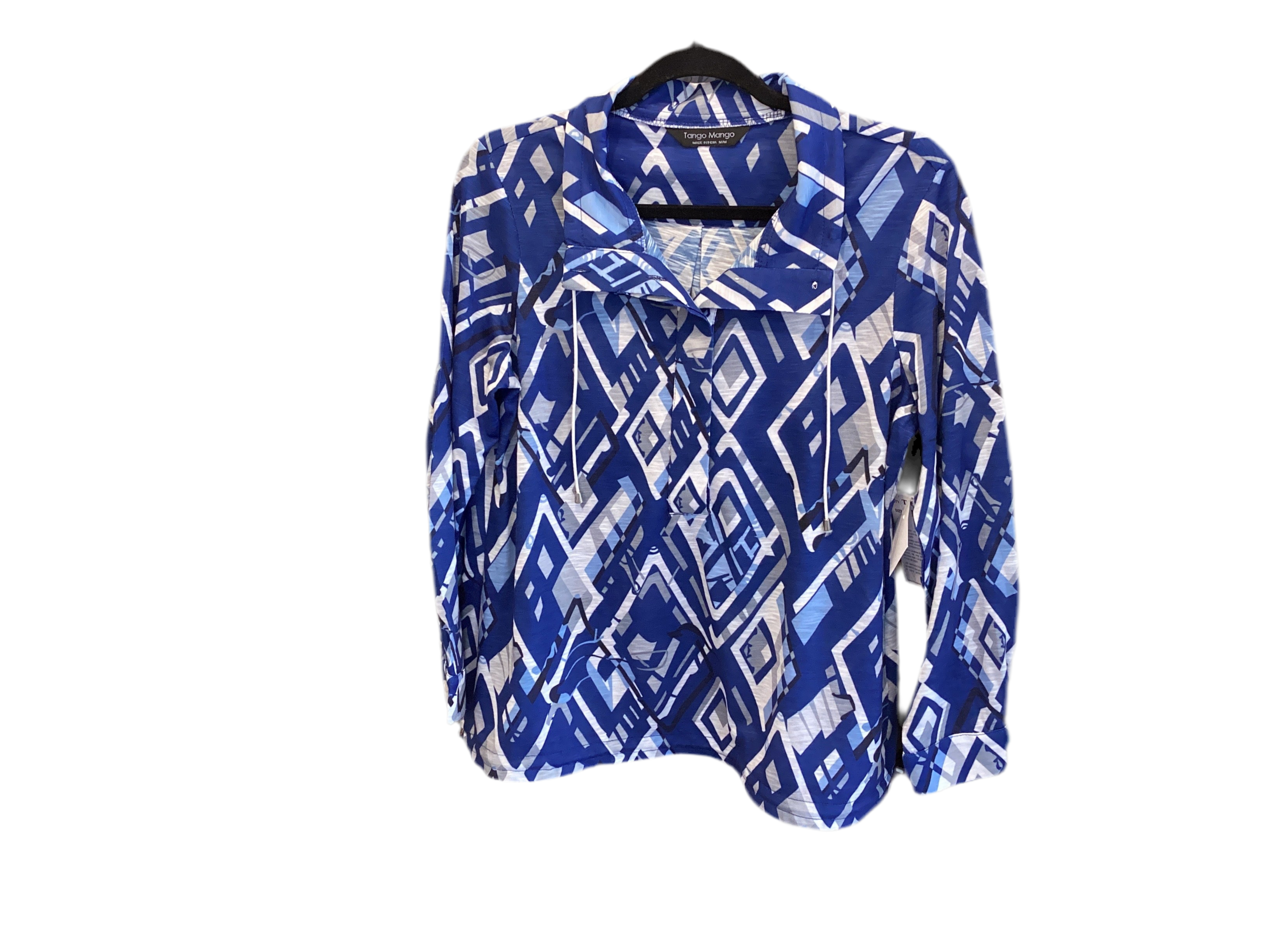 Tango mango blue white geometric print long sleeve half button top