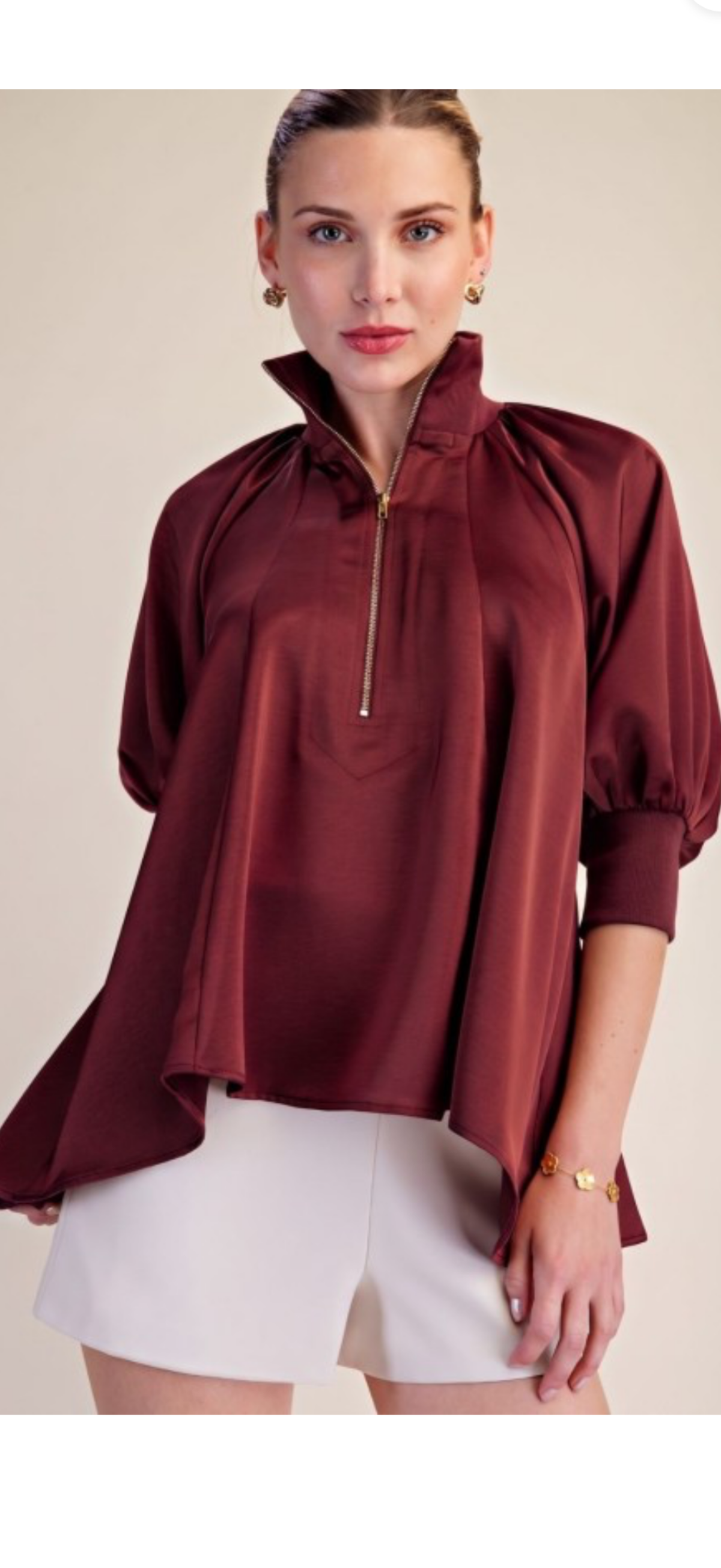 Glam burgundy mock neck half zip puff elbow sleeve top