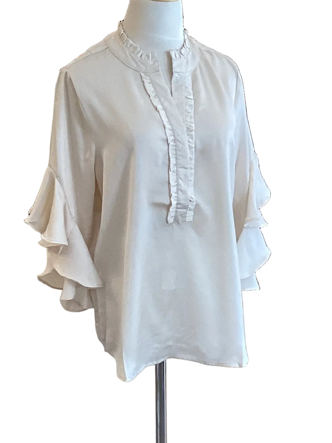 Gigio cream satin ruffled bell sleeve top with ruffled placket and neck