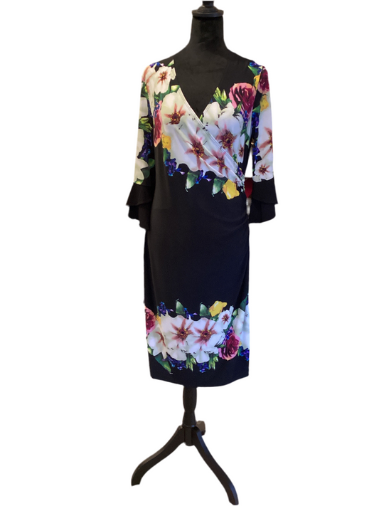 Joseph Ribkoff black dress with flower accents &bell sleeve