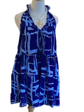 Paani Lov royal,light blue,gold ruffle v neck with tie accent, sleeveless, tiered skirt dress