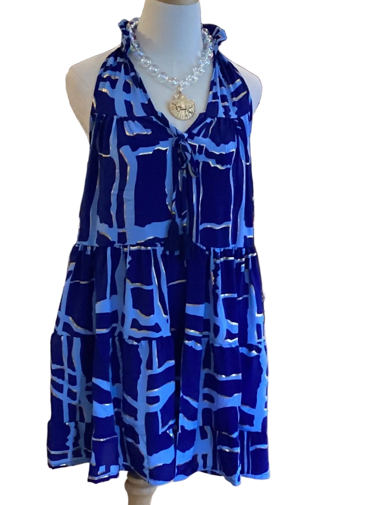Paani Lov royal,light blue,gold ruffle v neck with tie accent, sleeveless, tiered skirt dress