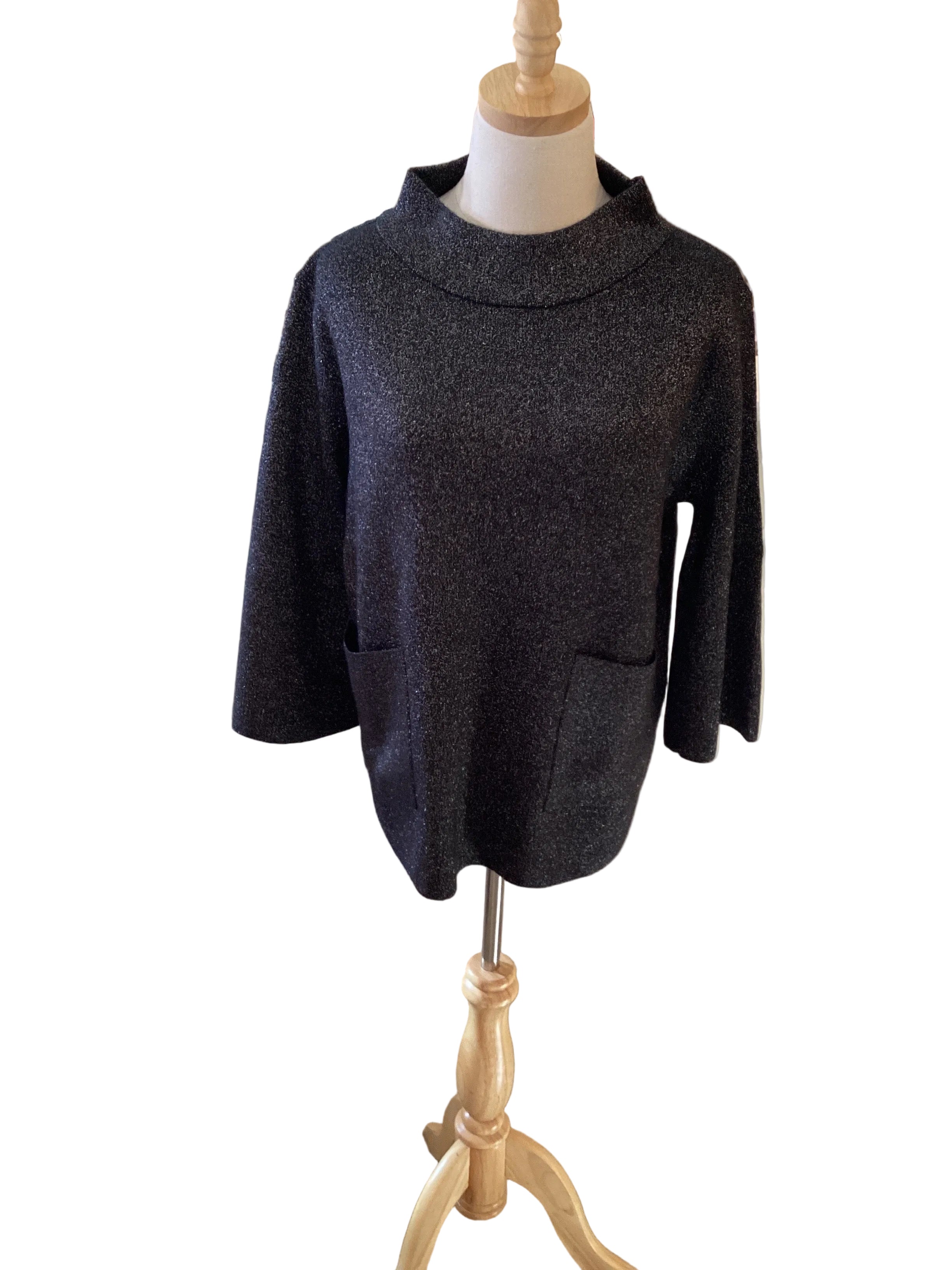 Fate black glitter front pocket bell sleeve mock neck sweater