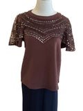 Gigio brown soft knit short sleeve top with embellished caplet