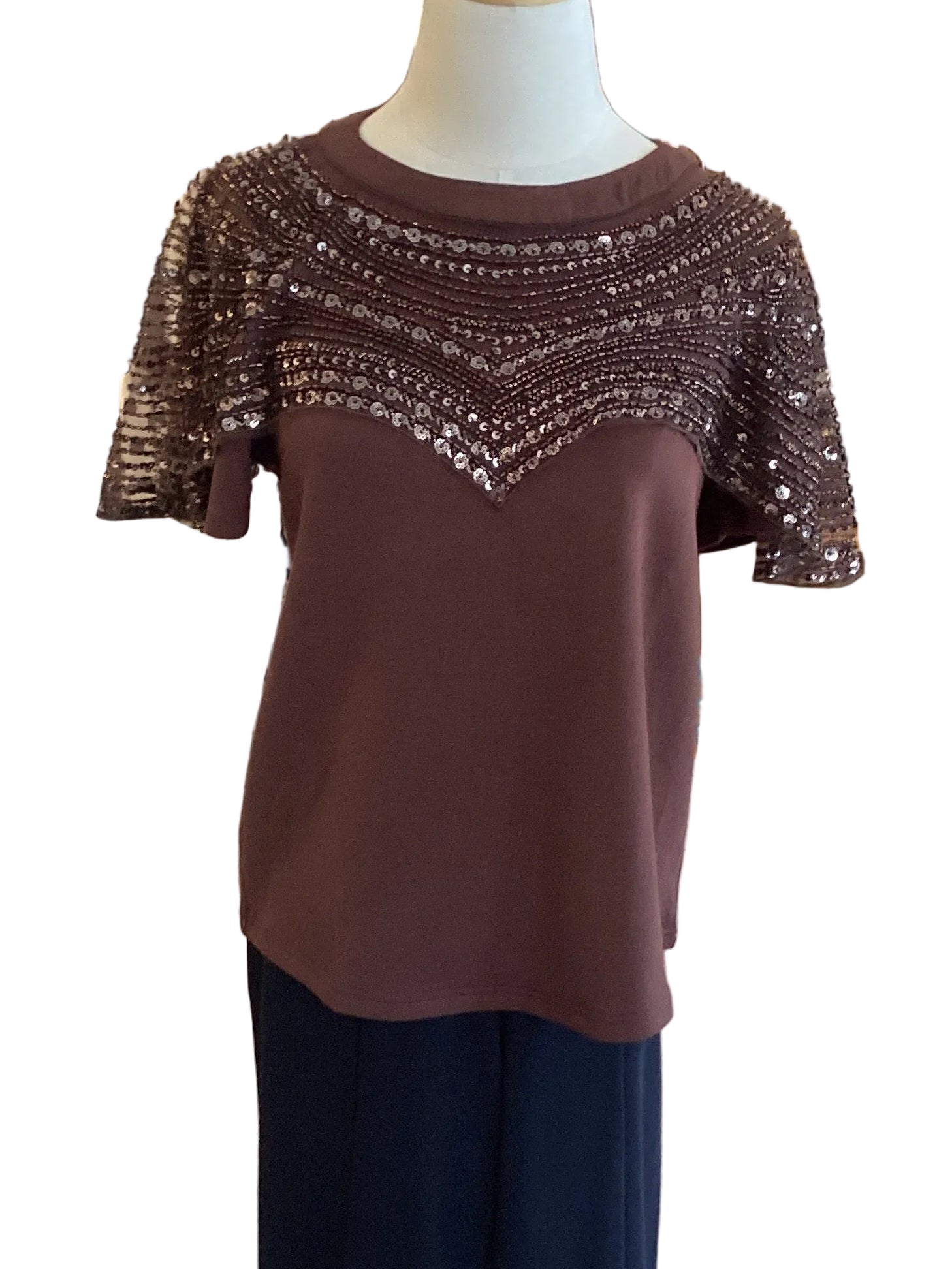 Gigio brown soft knit short sleeve top with embellished caplet