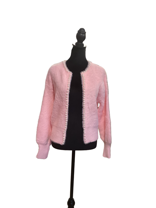 Pink ultra soft fuzzy sweater with pearl accent