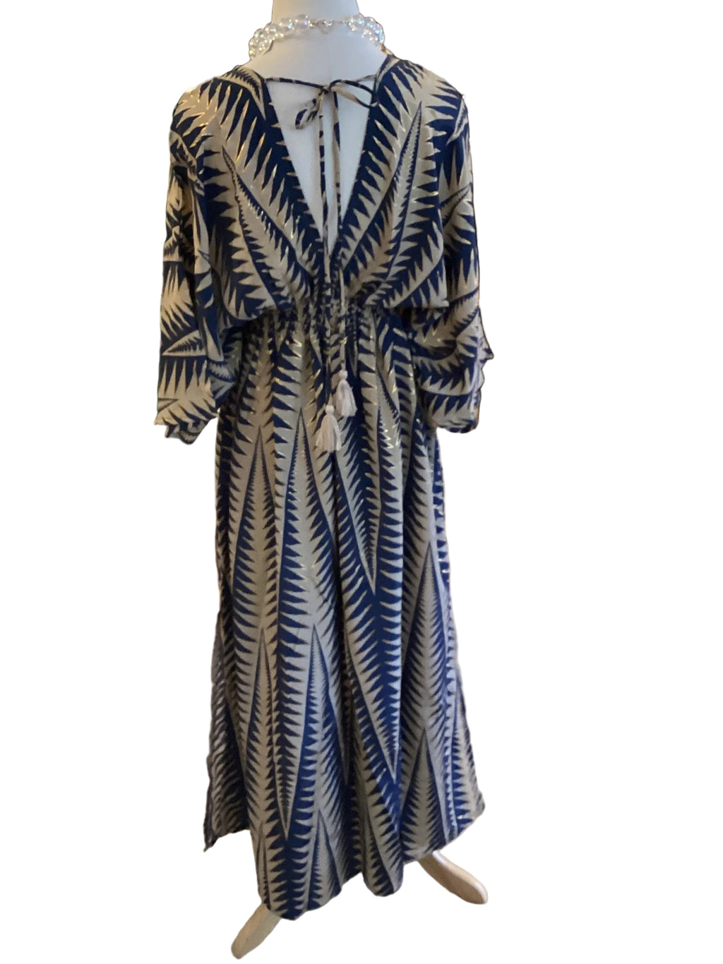 Paani Lov navy gold print kimono sleeve, front and back v neck maxi