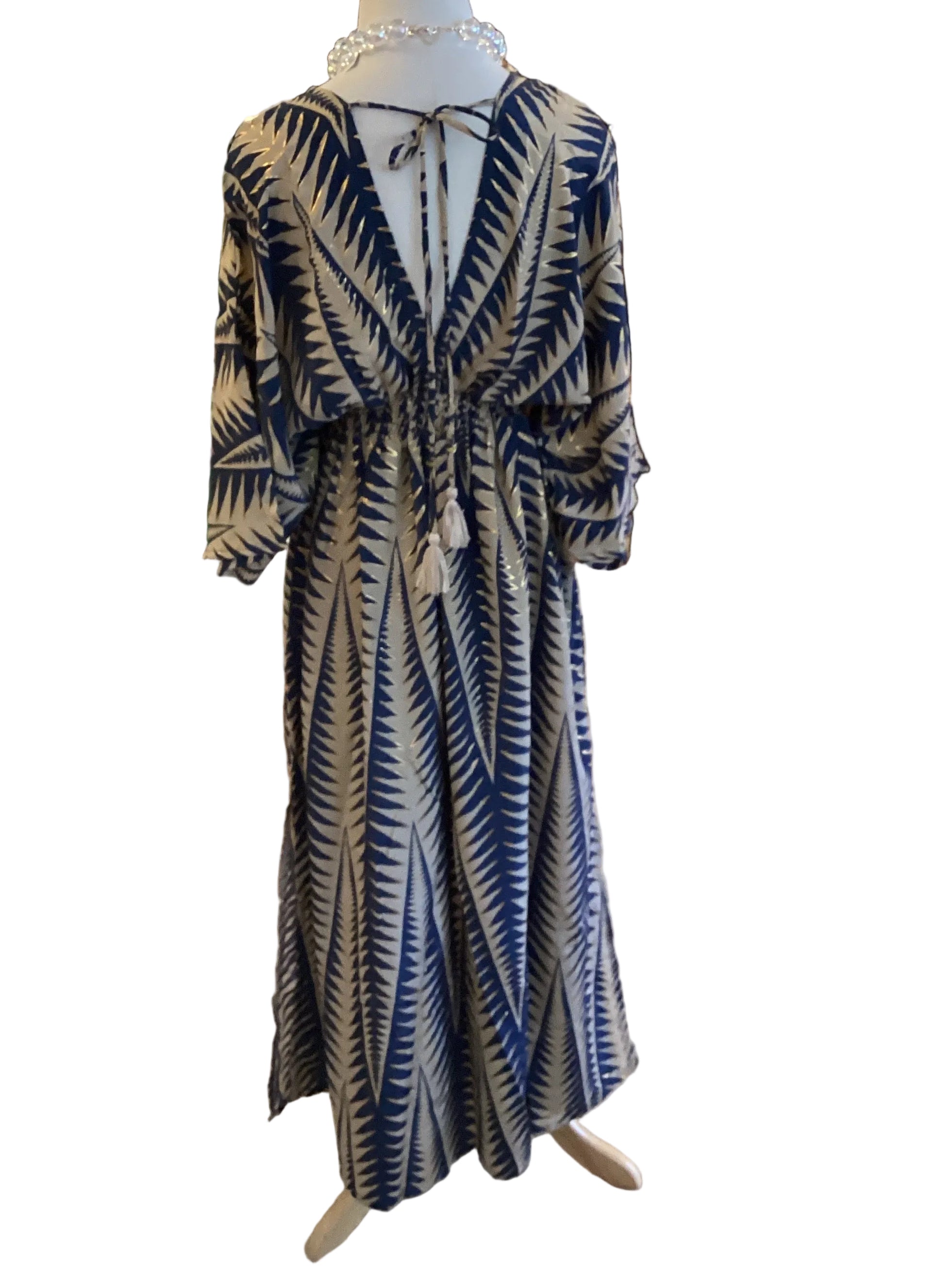 Paani Lov navy gold print kimono sleeve, front and back v neck maxi