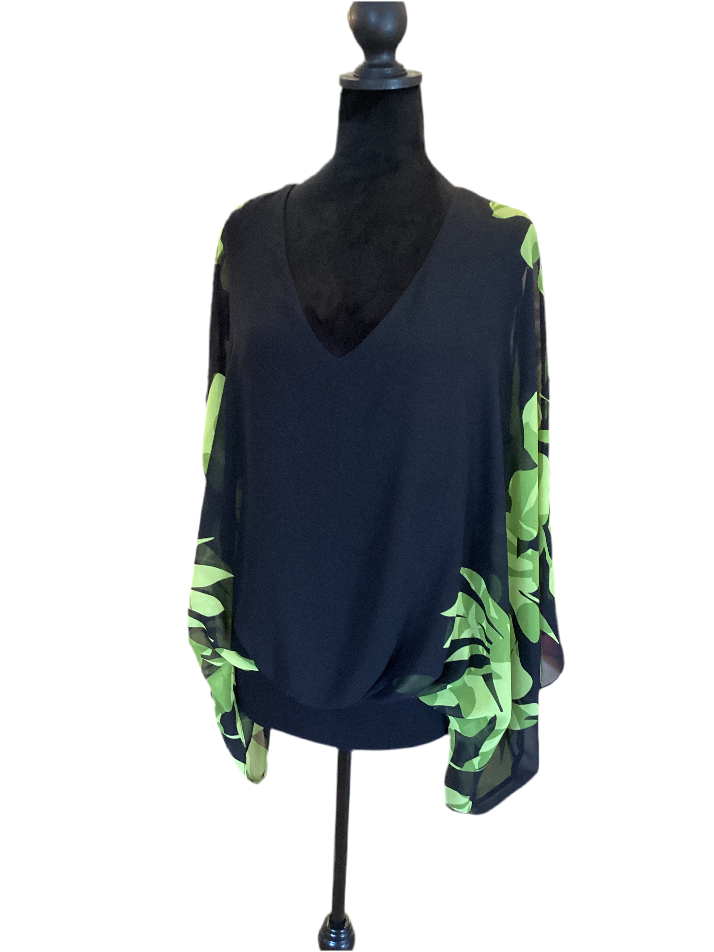 Joseph Ribkoff black tunic with palm print chiffon sleeves