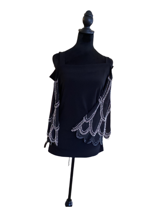 Joseph Ribkoff black cold shoulder top with side rusching & bell rhinestone accent sleeves