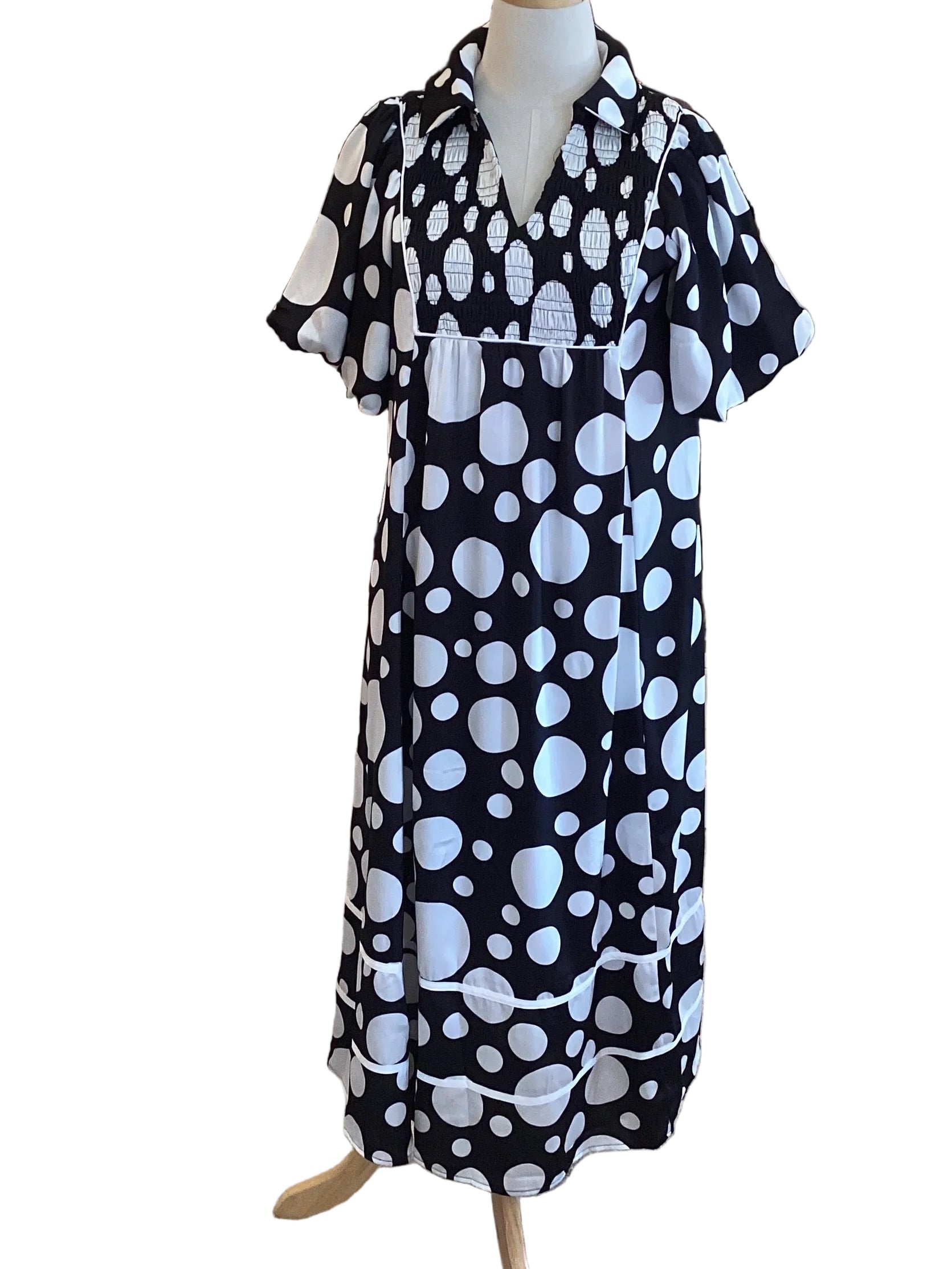 Jodifl black maxi with white polka dots, smocked bodice,v neck, puff sleeve and side pockets