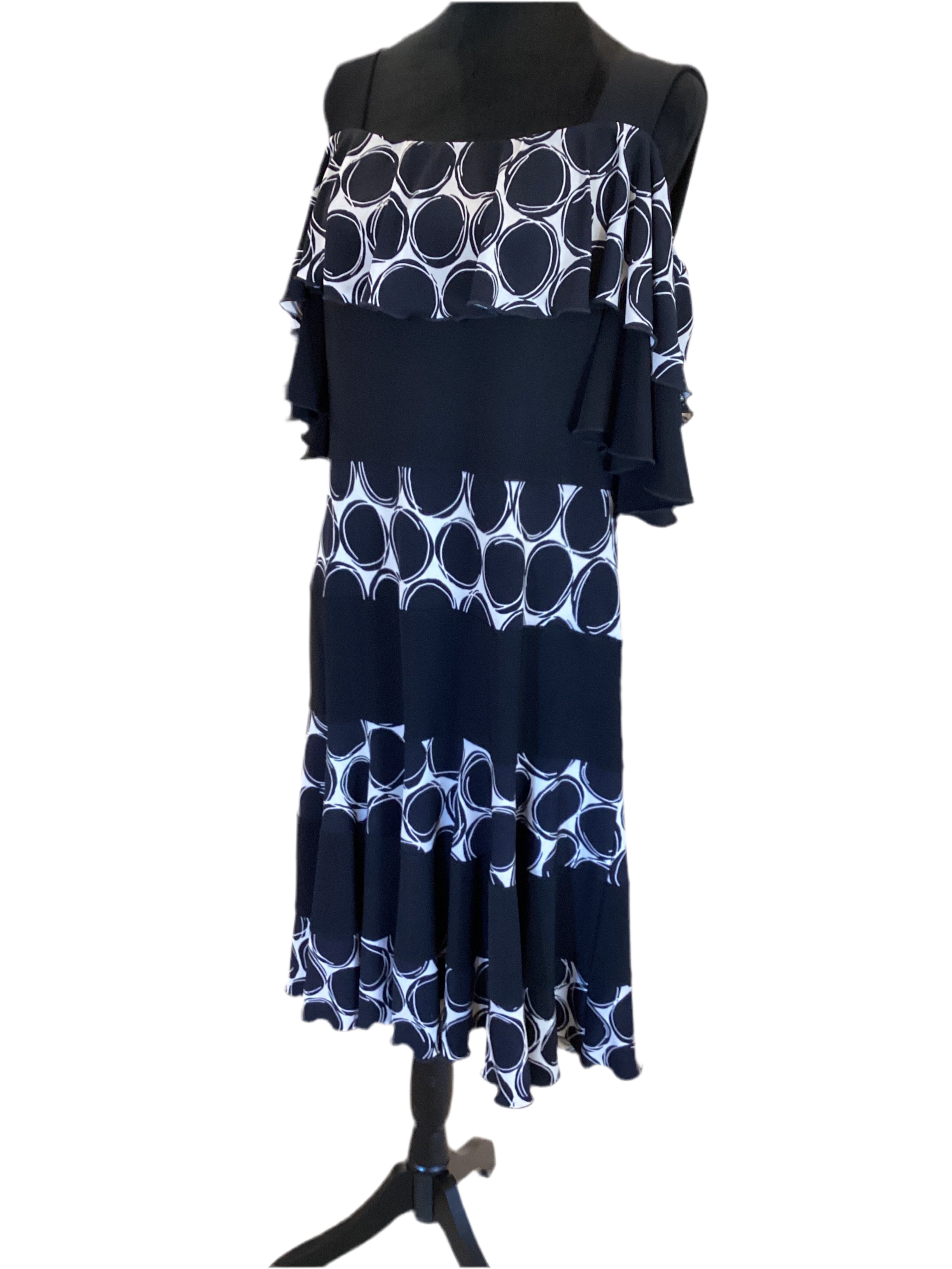 Joseph Ribkoff black/beige ruffle top cold shoulder dress