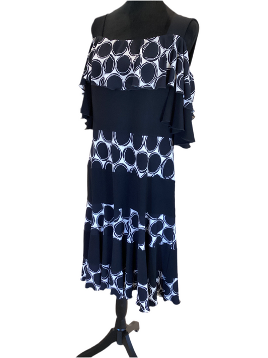 Joseph Ribkoff black/beige ruffle top cold shoulder dress