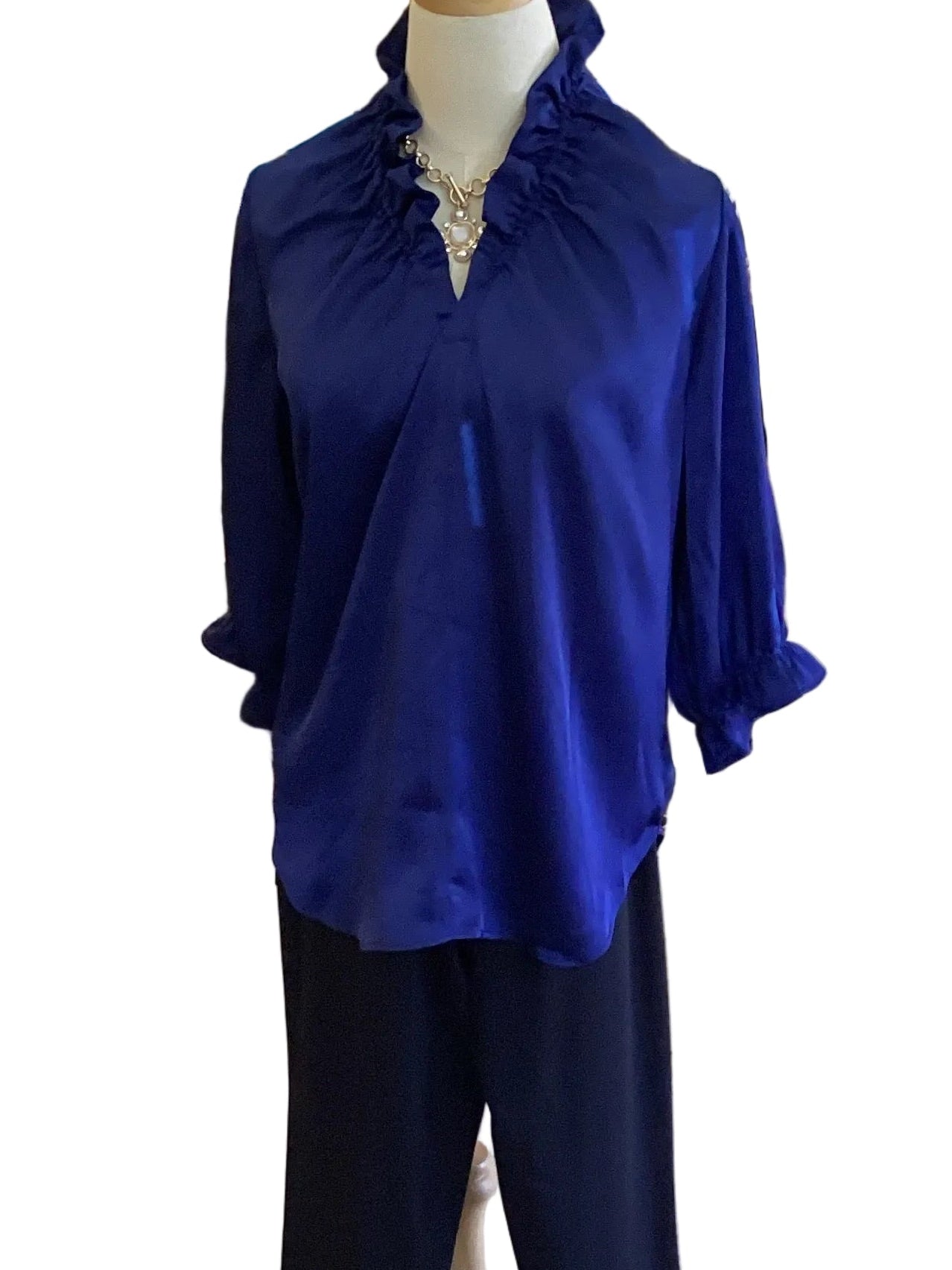 Lior navy blue ruffled v neck 3/4 sleeve blouse