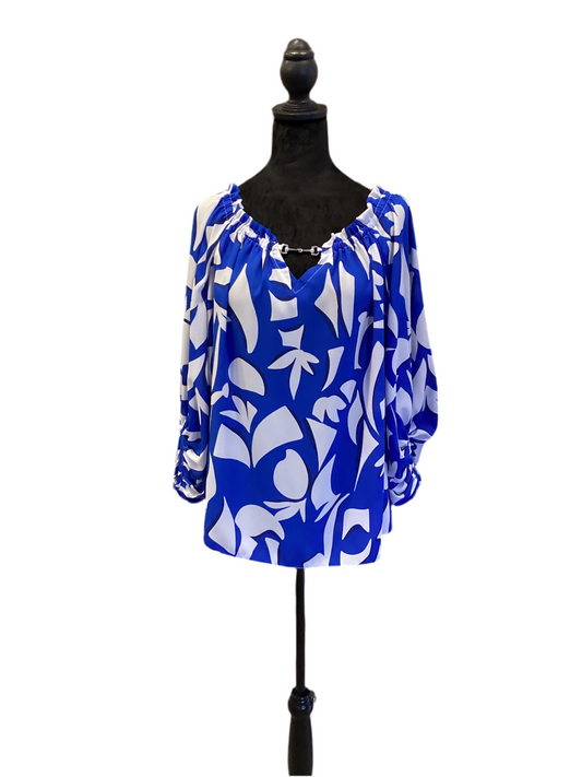 Joseph Ribkoff blue white off shoulder top