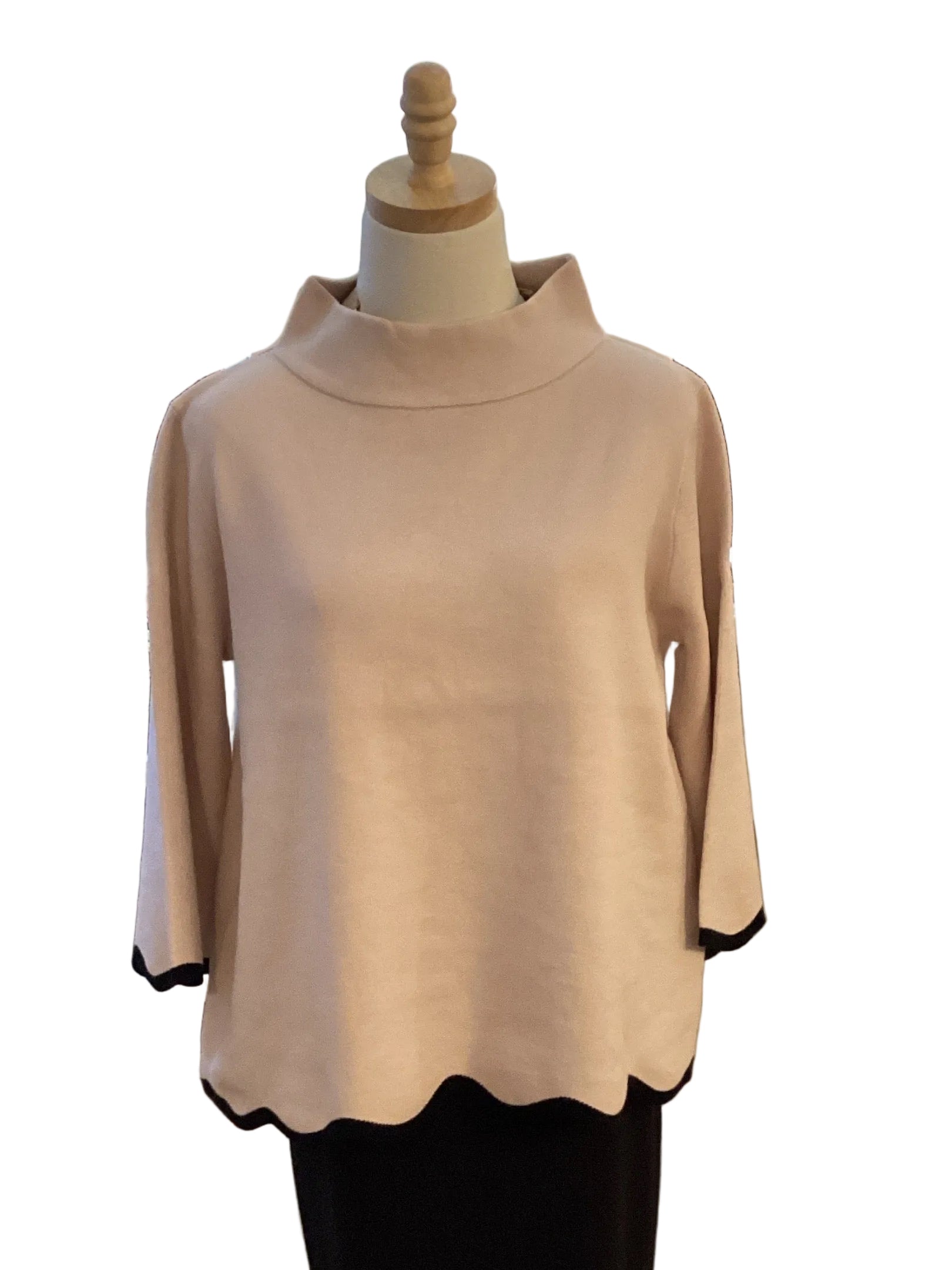 Fate scalloped edge blush mock neck sweater w/black trim