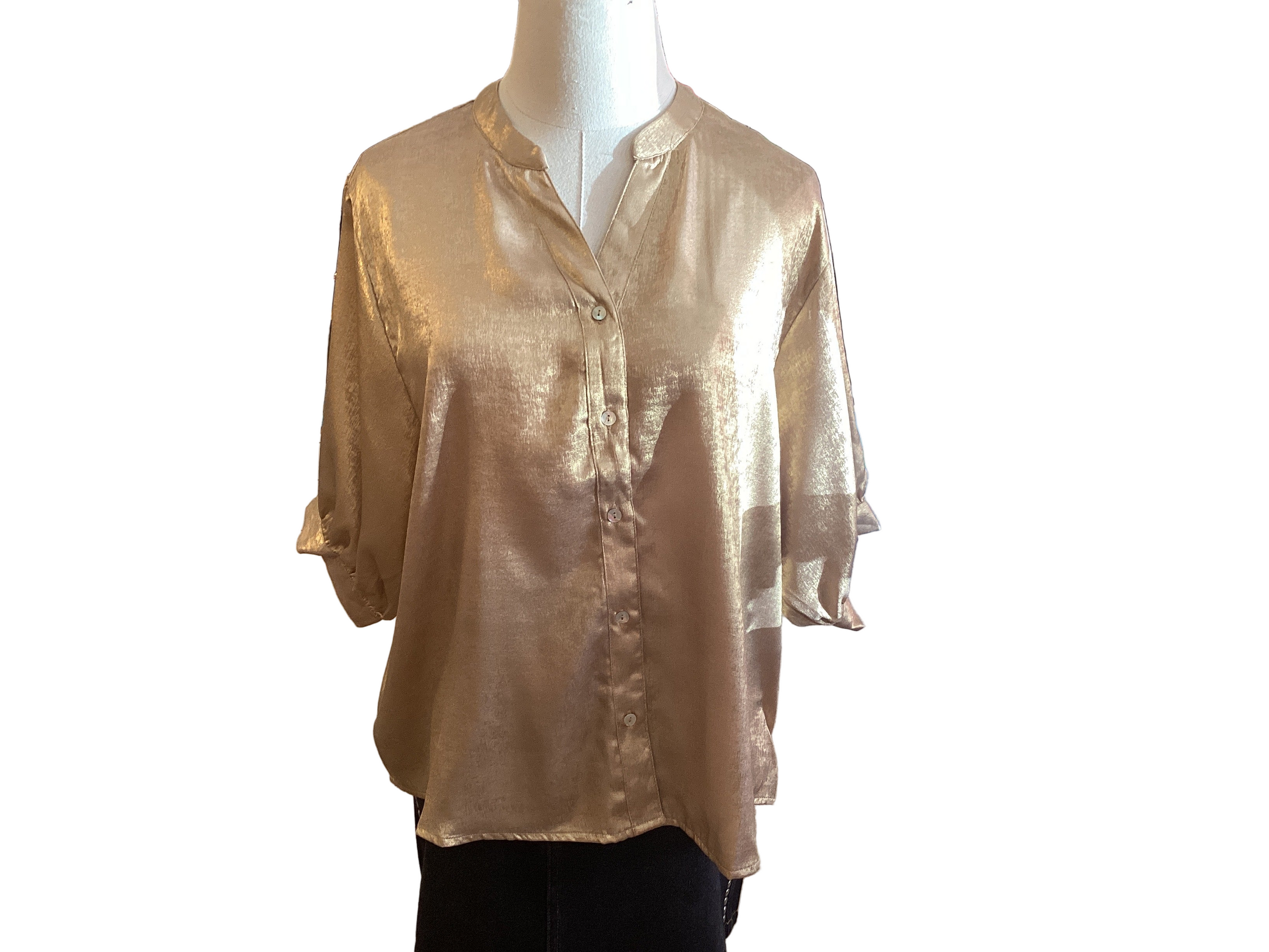 Love & Vine Henley neckline metallic gold woven blouse